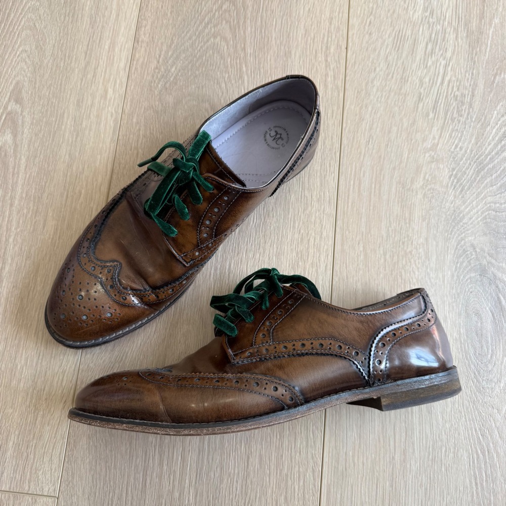 Johnston & Murphy 1850 Brown Leather Wingtip Oxford Brogues Green Velvet Laces 9